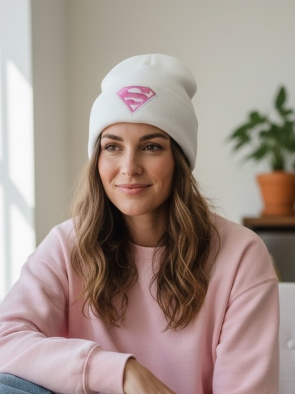 Supergirl White Beanie Hat with Pink Logo - NWT